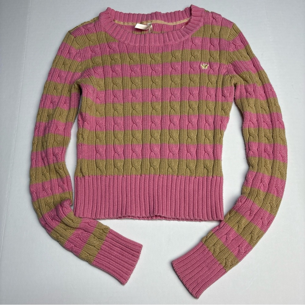 Aeropostale Women Large Sweater Stripe Pink Tan Cable Knit Butterfly Cotton